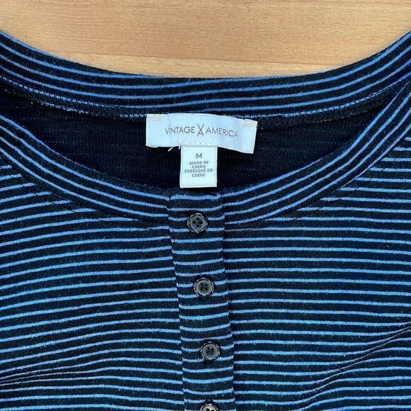 Vintage America Black Blue Striped Long Sleeve Shirt Size M - Picture 2 of 5